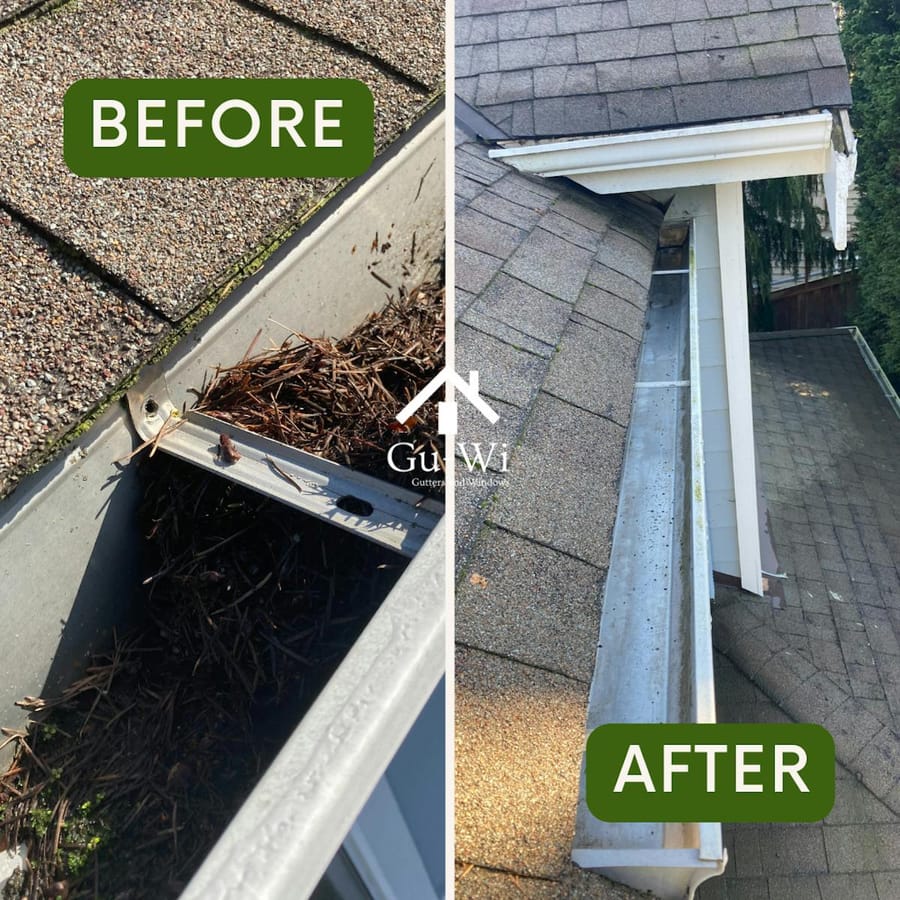 Gutter packed with pine needles and debris, then cleared