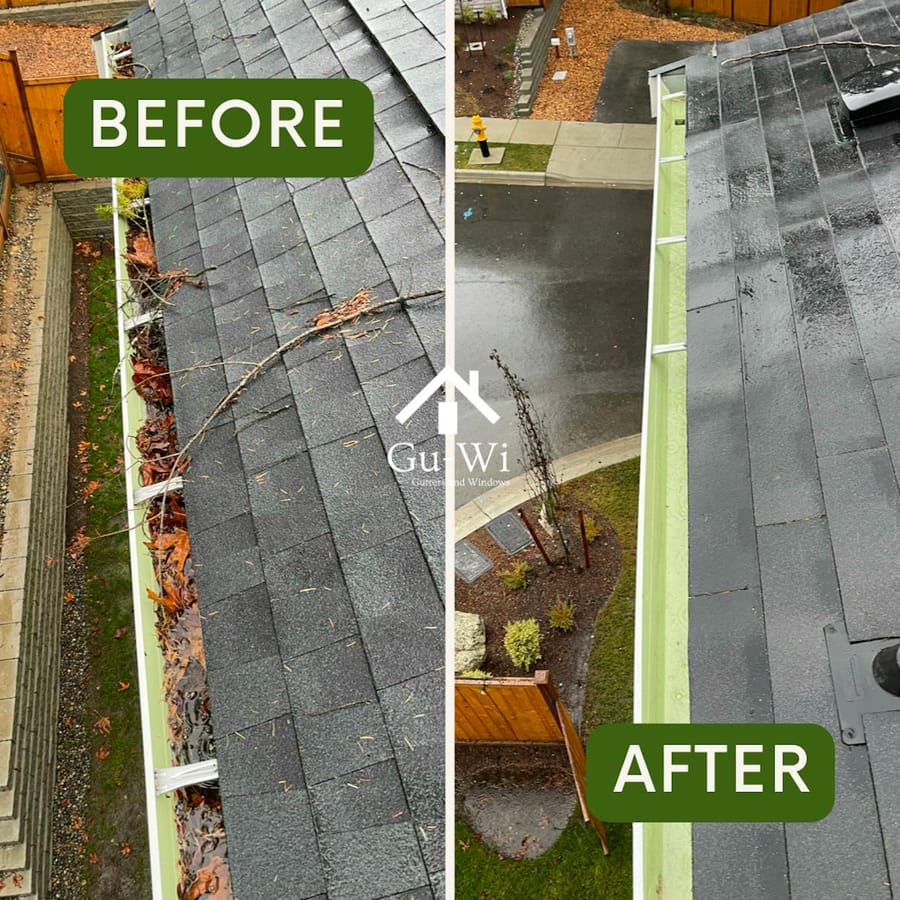 Blocked gutter run before cleaning and flowing clear after