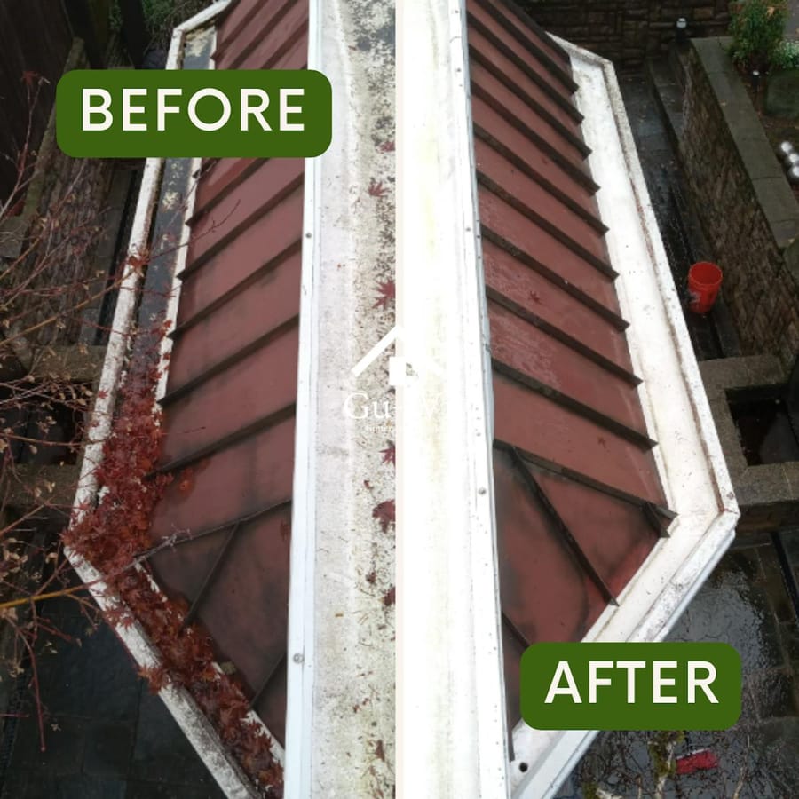 Leaf-choked valley gutter emptied and rinsed clean