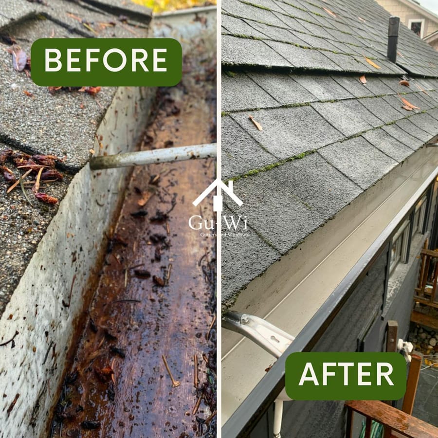 Debris-filled gutter cleared back to bare metal